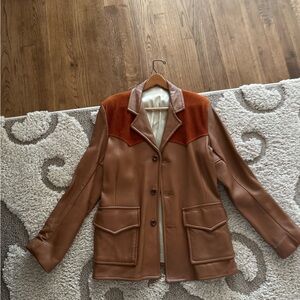 Tan and Orange Leather Jacket with Notched Lapel